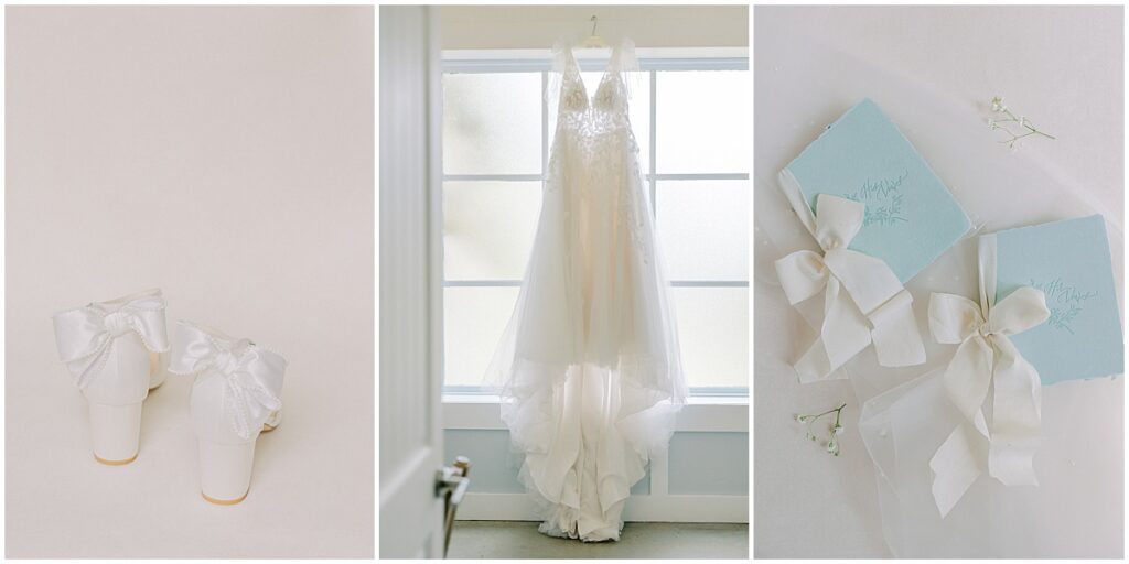 Brides dress, shoes and vow books with white bows