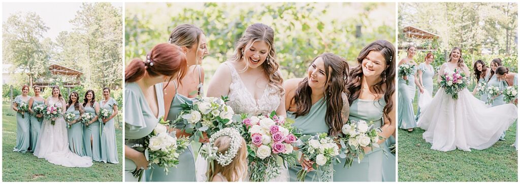 Bride with bridesmaids wearing sea green at fairytale vineyard wedding
