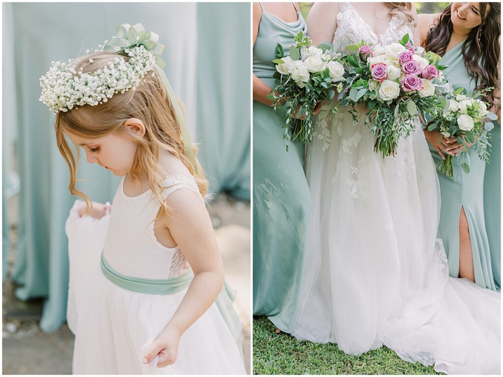 Bride with bridesmaids holding colorful bouquet with flower girl wearing flower crown