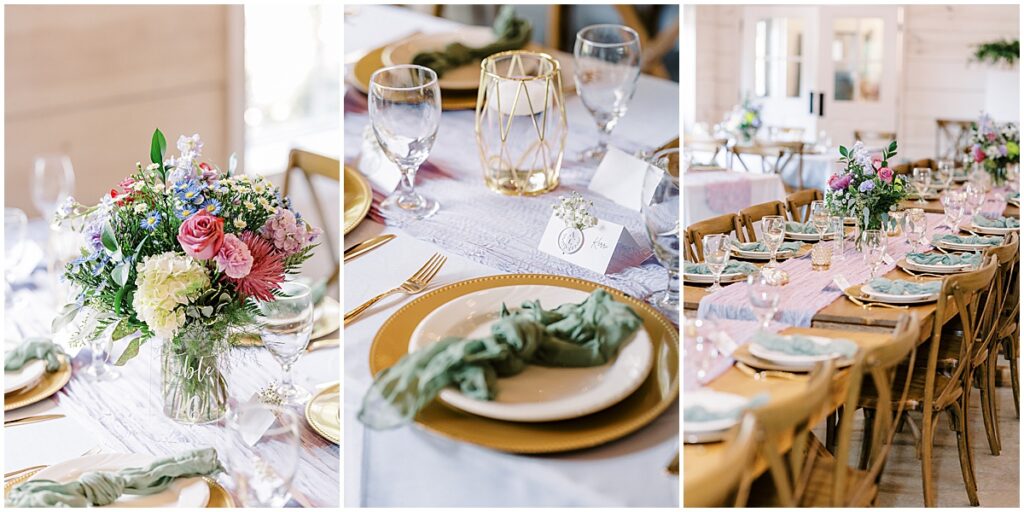 wedding reception decor including pink table runners, green napkins, gold accents and pink blue and green florals