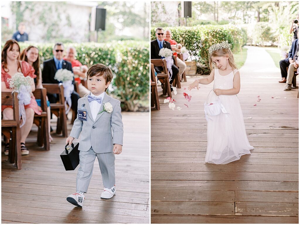 flower girl and page boy walking down the aisle for fairytale vineyard wedding at koury farms