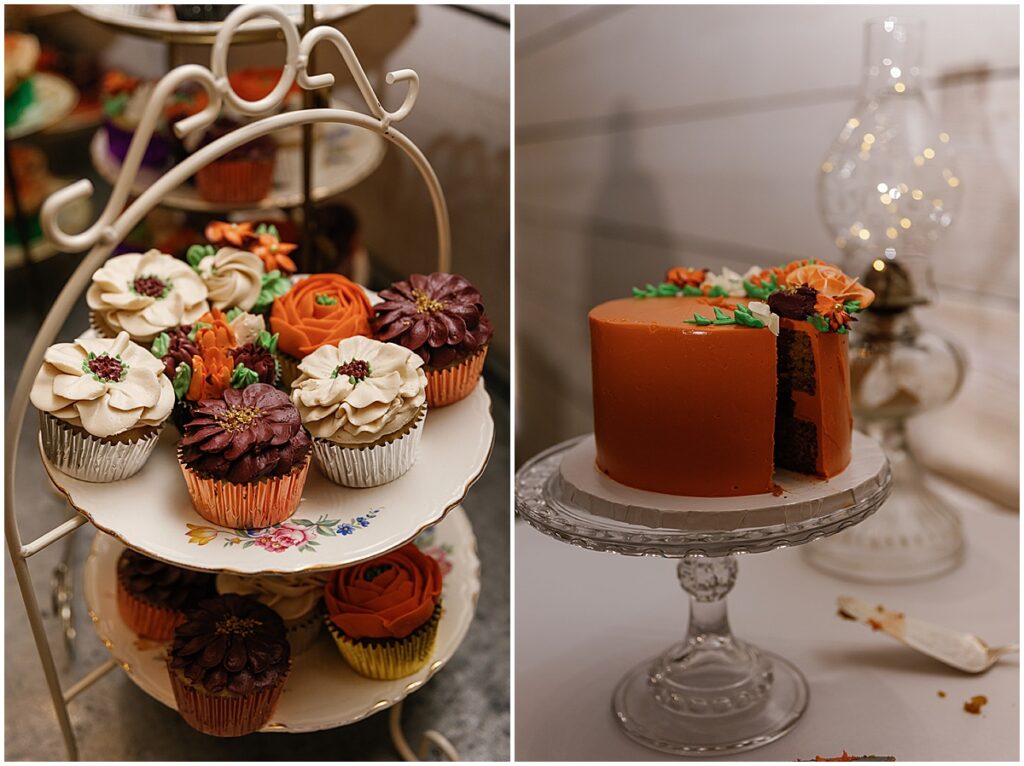 cupcakes and cake on vintage displays at koury farms wedding reception, vintage-inspired wedding