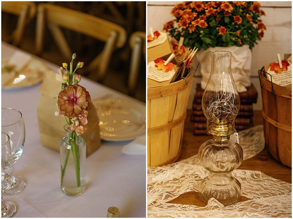 Florals and vintage vase at wedding reception at Koury farms