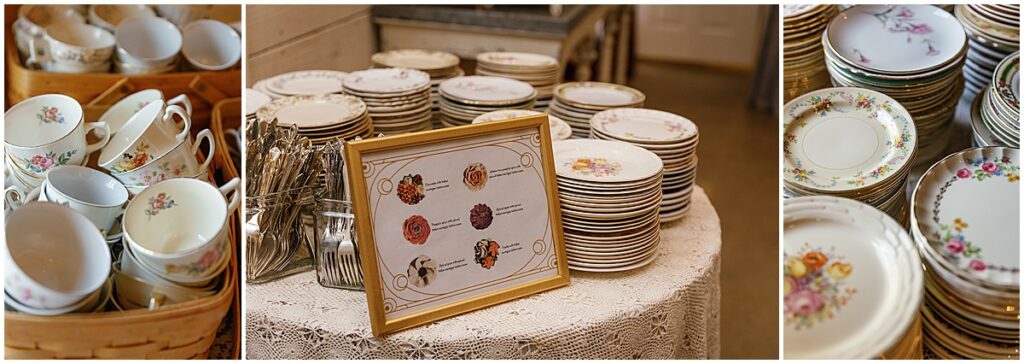 Vintage inspired plates and cups for wedding reception at koury farms