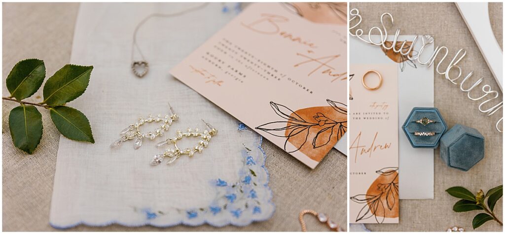 wedding invites and vintage earrings and wedding rings for vintage inspired wedding at Koury Farms