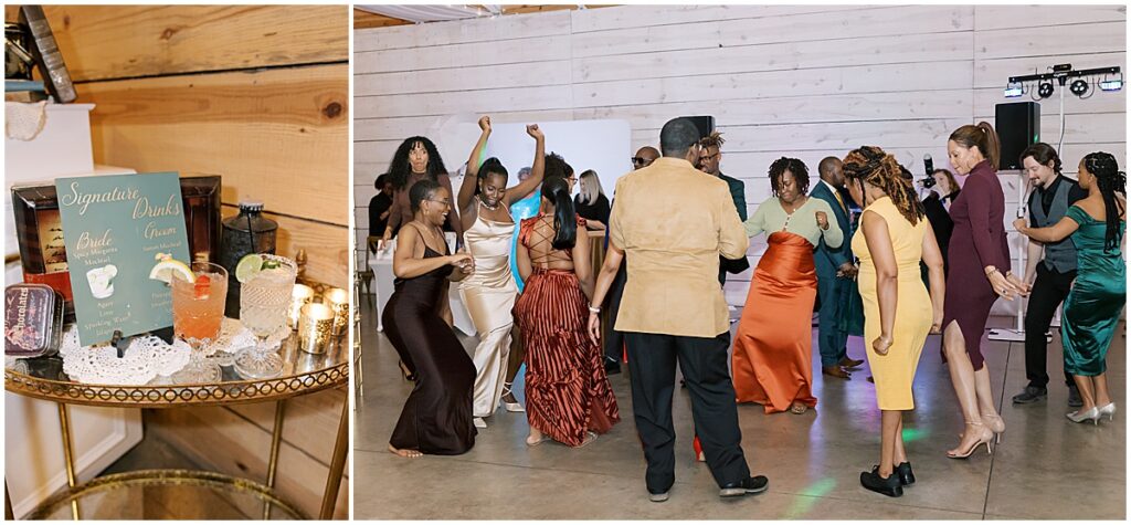 guests dancing and wedding signature cocktails