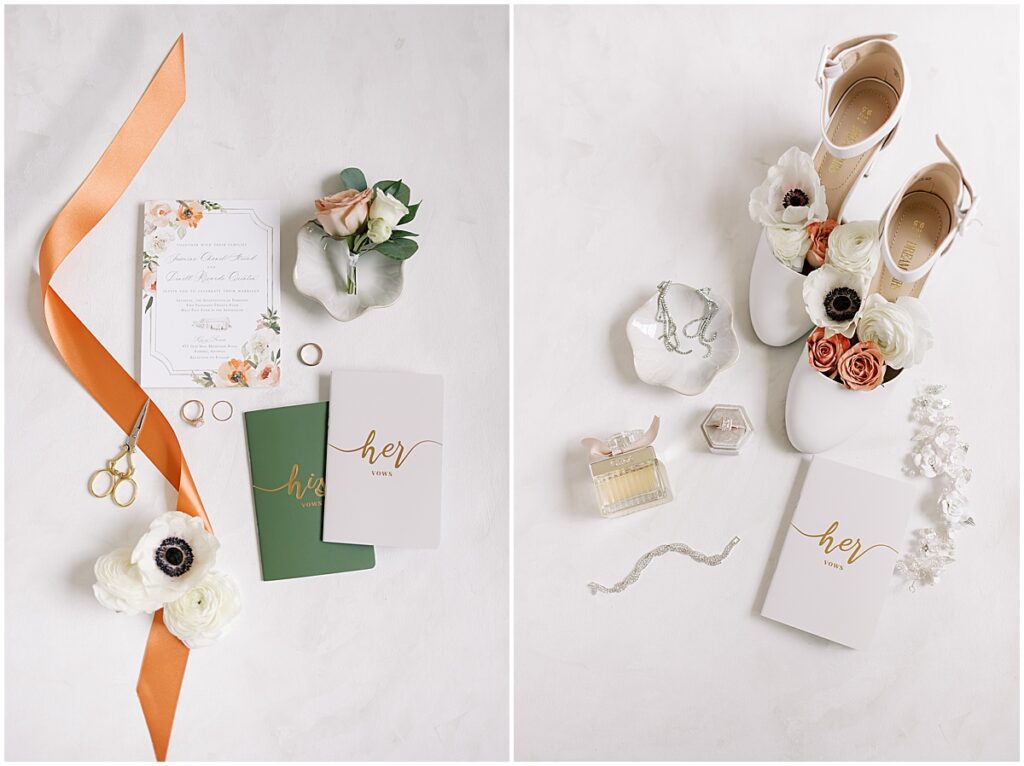 Flat lay of orange and green wedding details including vow books and wedding rings
