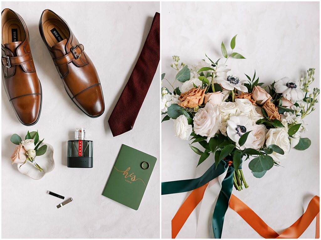 Flat lay of mens brown shoes and bridal bouquet of green and orange ribbons and florals