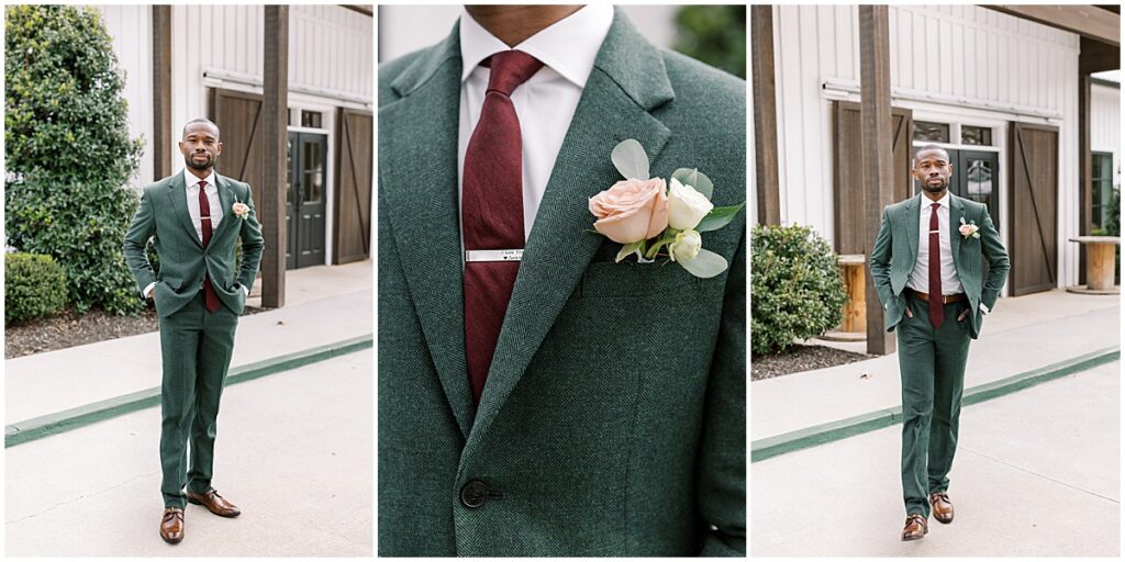 Groom wearing green suit with dark red tie at wedding at Koury farms