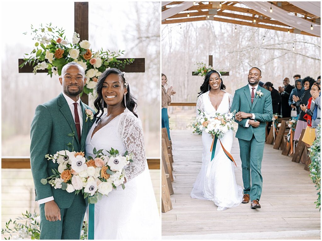 Bride and groom just married at Koury farms with an orange and green color palette