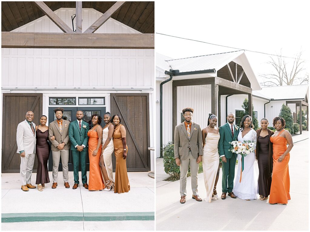 Bride and groom with wedding guests wearing green, orange, brown and cream colors