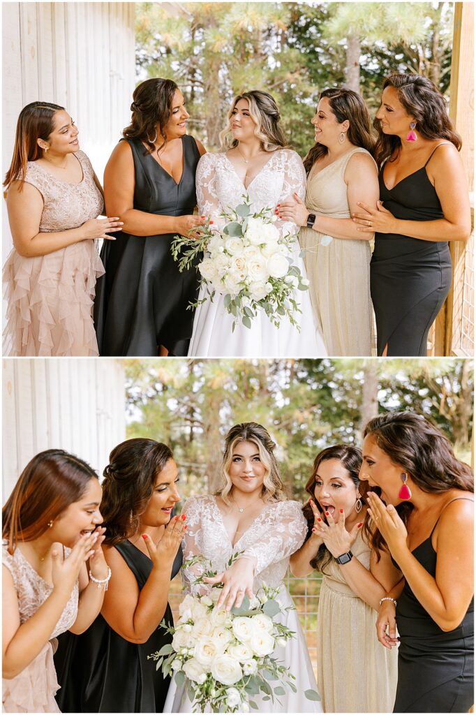 Bride with bridesmaids wearing black, white and champagne colored dresses