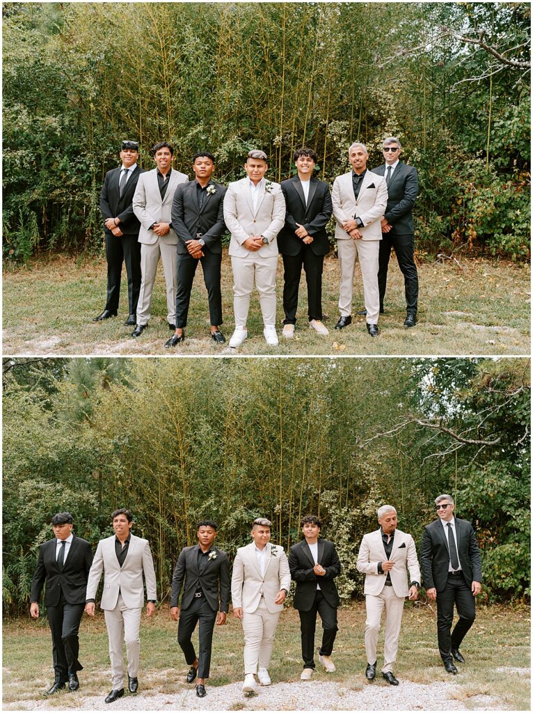 Groom with groomsmen wearing black, white and champagne colored suits