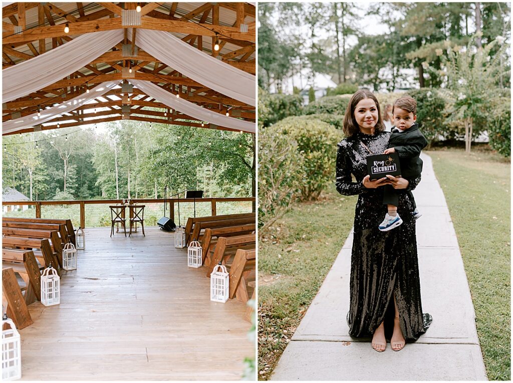 Wedding ceremony set up at outdoor covered pavillion at Koury farms, lady dressed in black carrying little boy with sign saying ring security