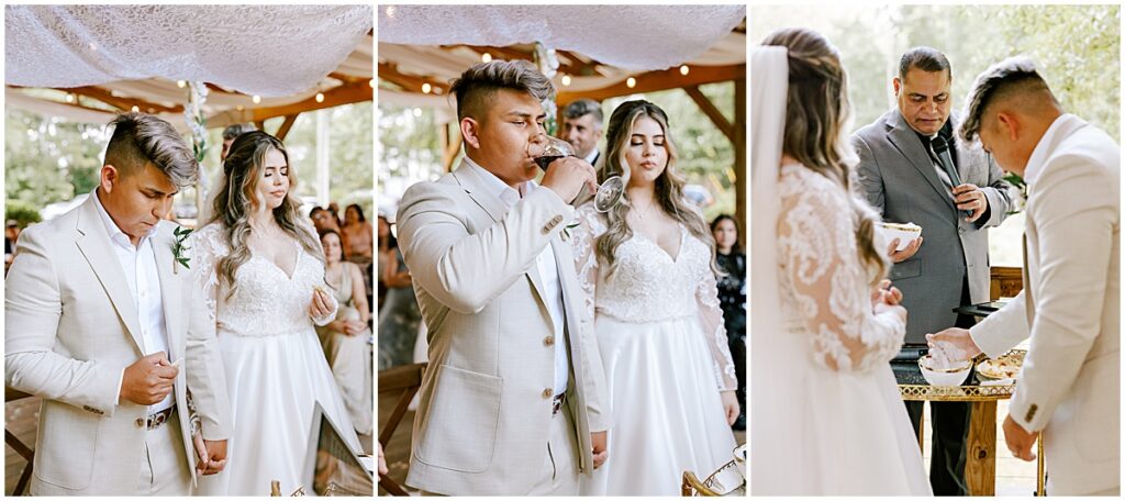 Bride and groom eating bread, drinking wine and taking salt in their hands at wedding ceremony