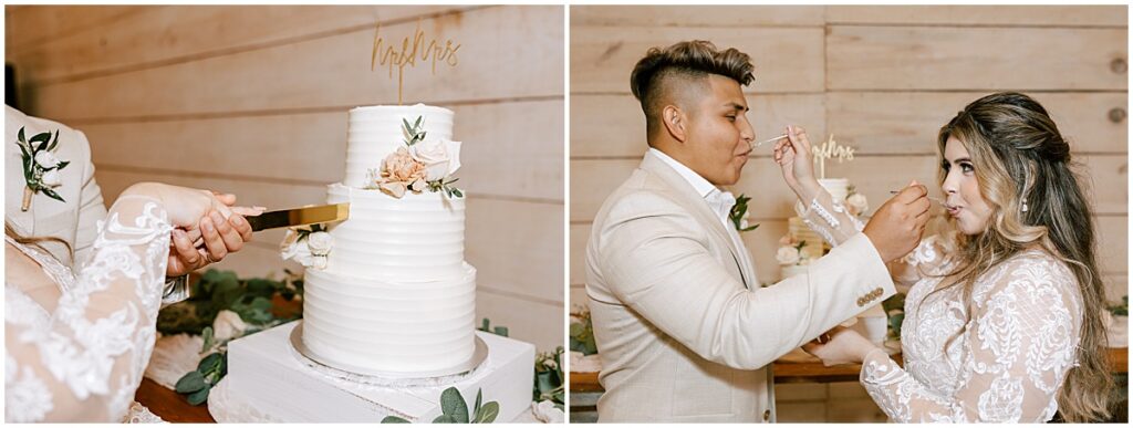 3 tiered white wedding cake being cut and bride and groom feeding each other