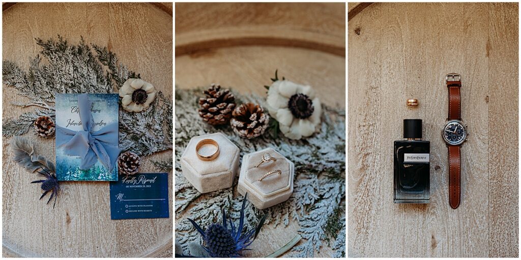 Wedding details include pine cones, rings, men's watch and cologne