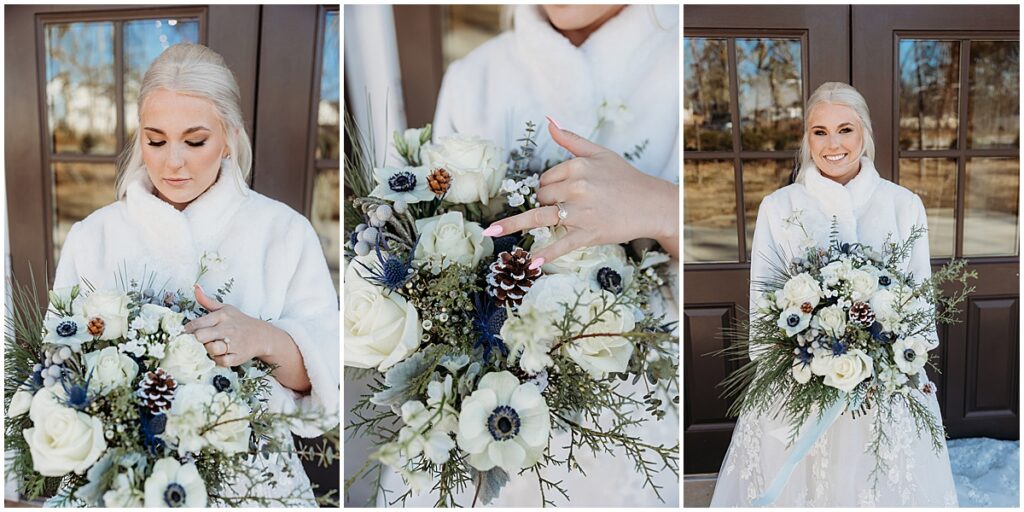 Bride at winter wedding in North Georgia holding bouquet of white florals, fur tree greenery and pine cones