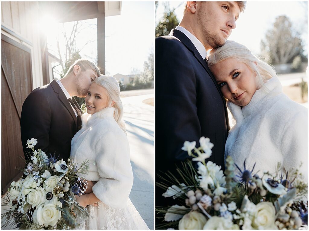 Bride and groom portraits at koury farms for winter wedding in North Georgia