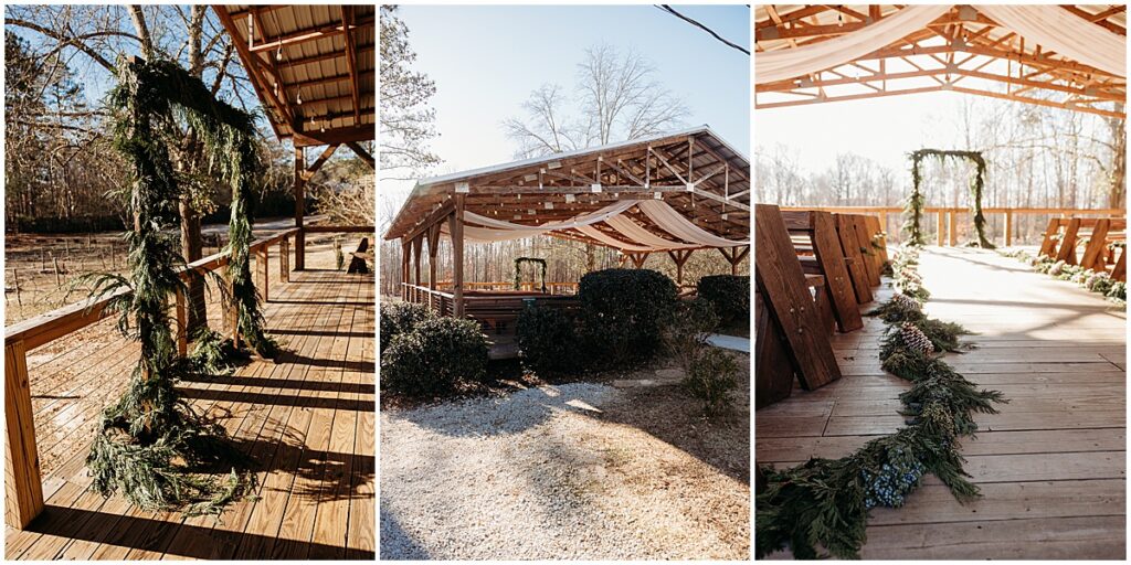 wedding ceremony set up at outdoor covered pavillion at koury farms for winter wedding in North Georgia