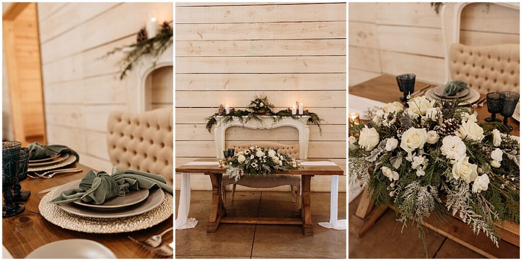 wedding sweetheart table decorated with florals, candles and greenery for winter wedding in North Georgia