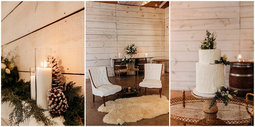 cosy wedding decor including fur rug, candles, pine cones and white wedding cake