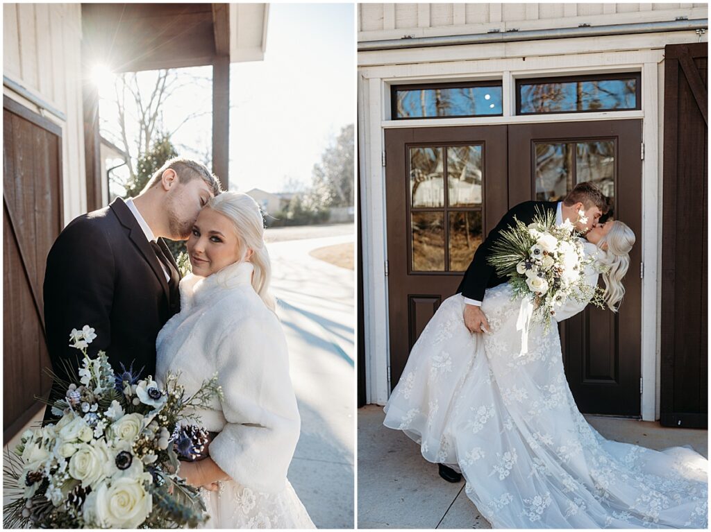 bride and groom portraits at Koury farms for winter wedding in North Georgia