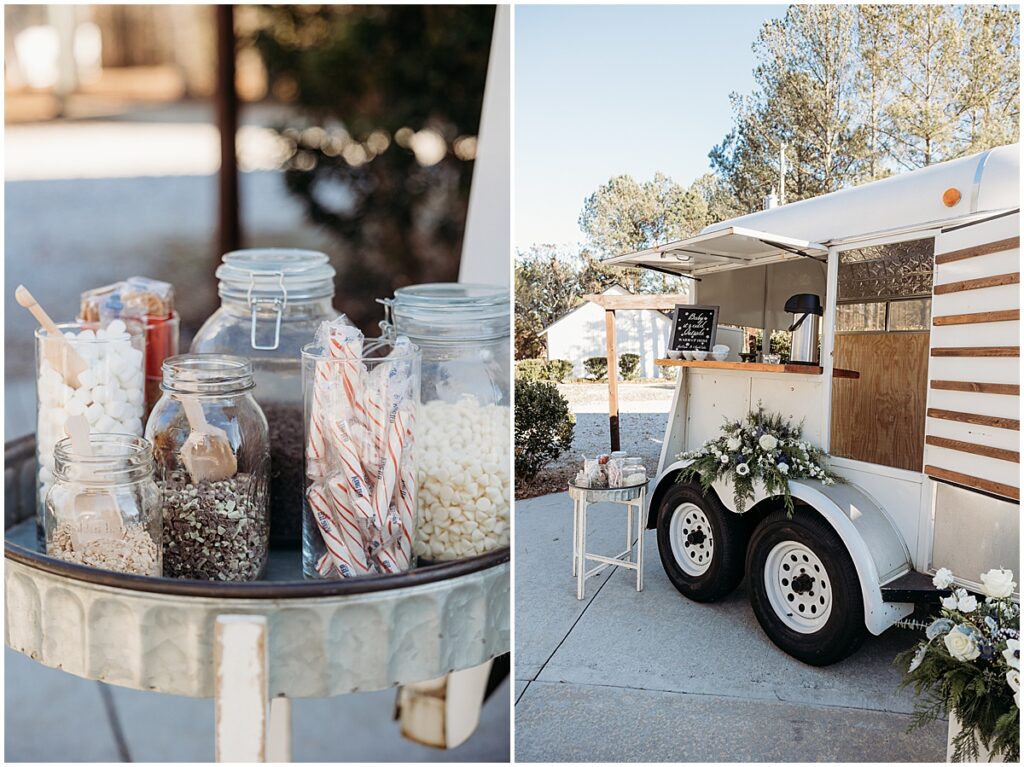 mobile coffee bar with hot chocolate accessories for north Georgia winter wedding