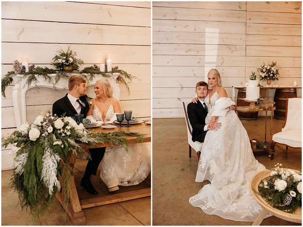 Bride and groom at sweetheart table at Koury farms winter wedding