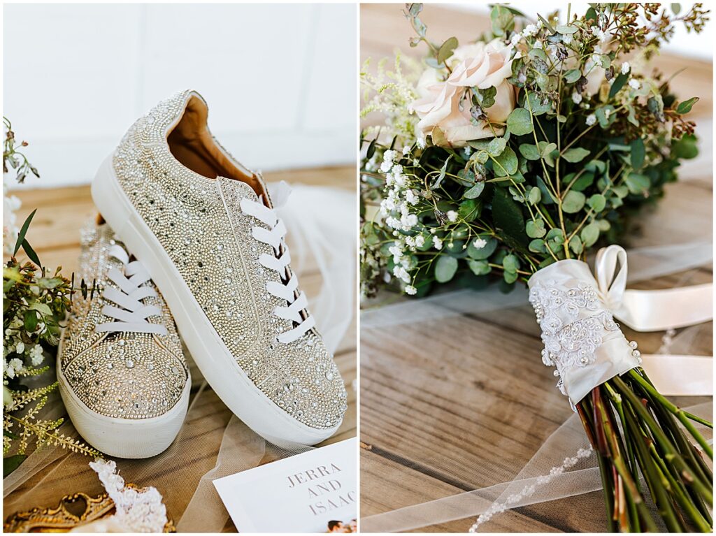 Sparkly gold sneakers and bouquet wrapped in silk with pearl embelishments