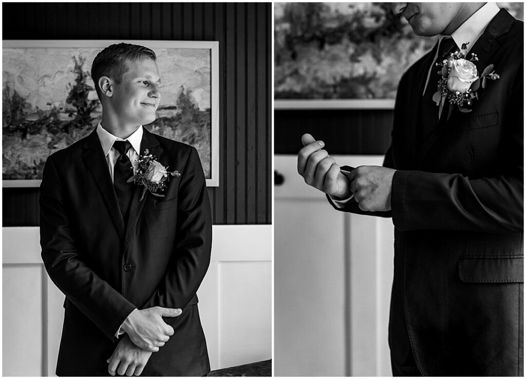 Groom getting ready for wedding in black suit