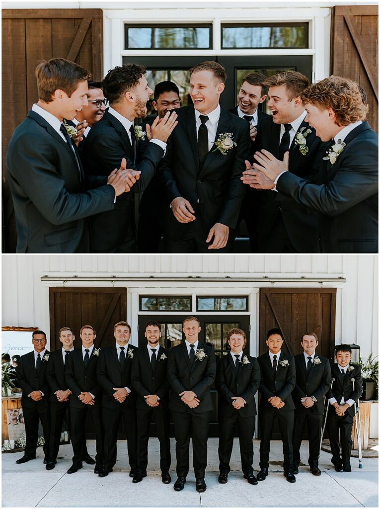 Groom with groomsmen in black suits