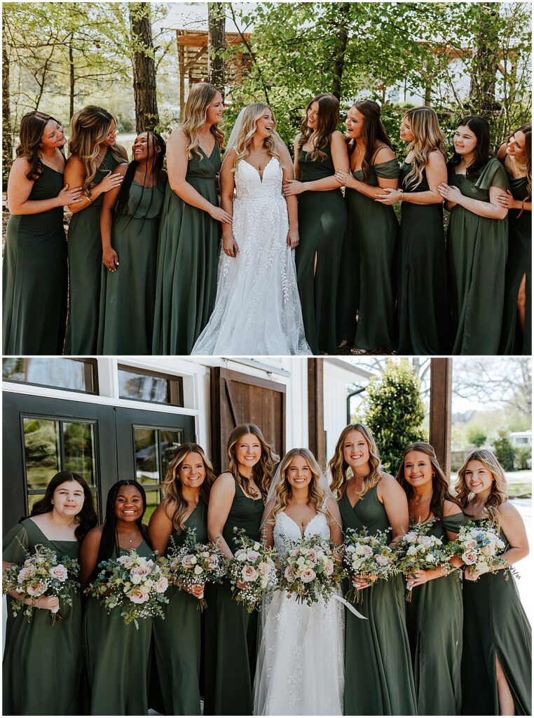 Bride with bridesmaids for olive, black and gold wedding theme