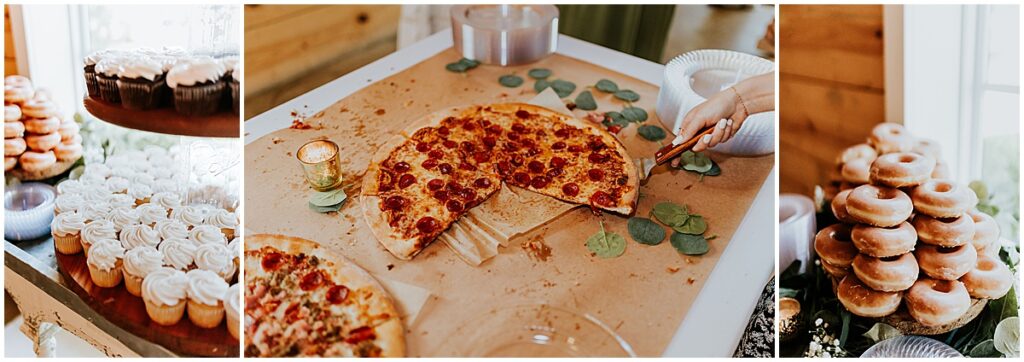 Pizza, donuts and cupcakes at wedding reception at Koury Farms