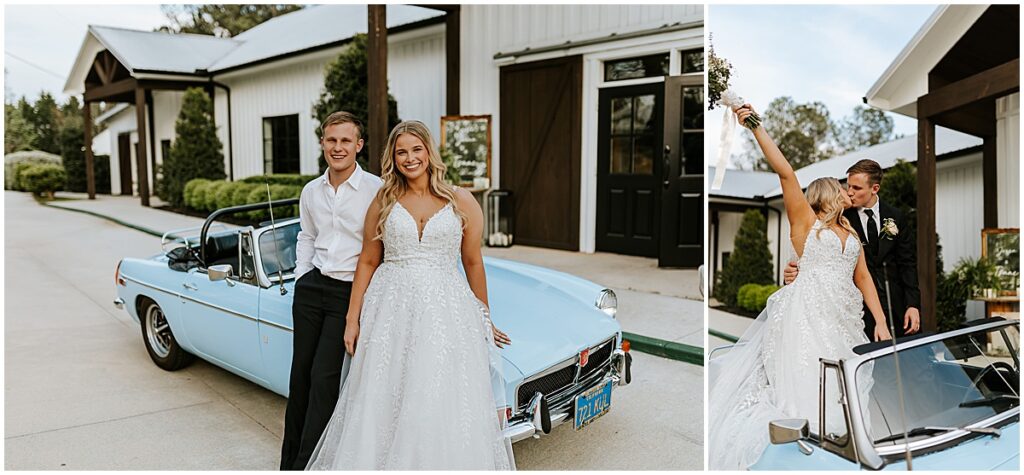 Bride and groom by blue convertible car at Koury Farms