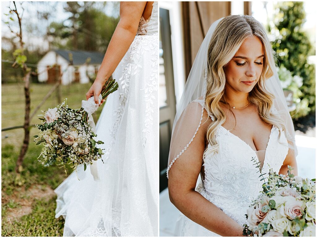 Bride holding bouquet of white and blush roses with greenery