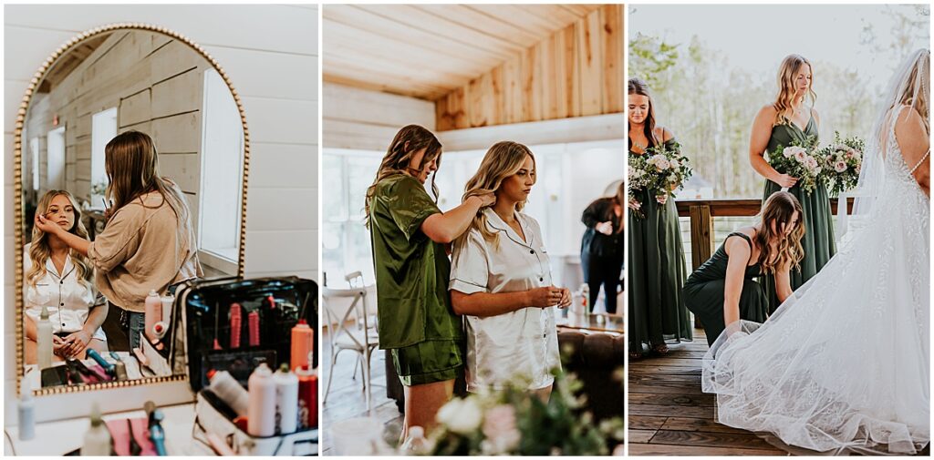 Bride getting hair and makeup done and bridesmaids fixing her dress