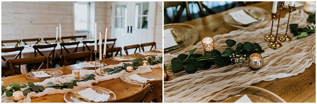 Wedding reception table with golden candles and greenery