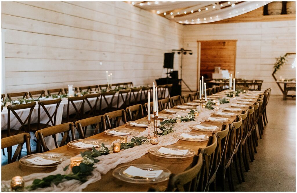 Wedding reception tables at olive, black and gold wedding at Koury Farms