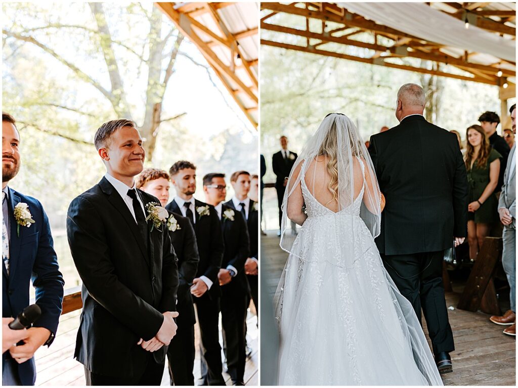 Bride walking down the aisle with father to groom waiting