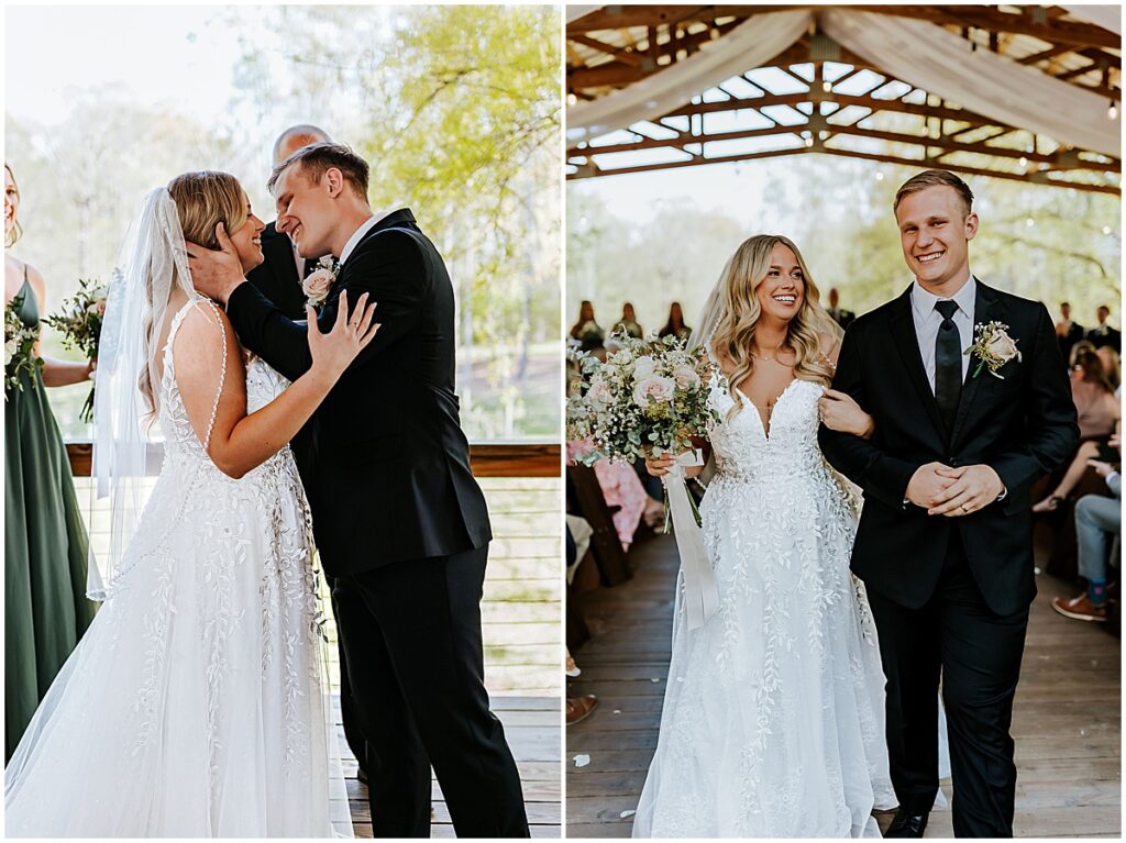 Bride and groom kissing and walking back down the aisle at Koury Farms