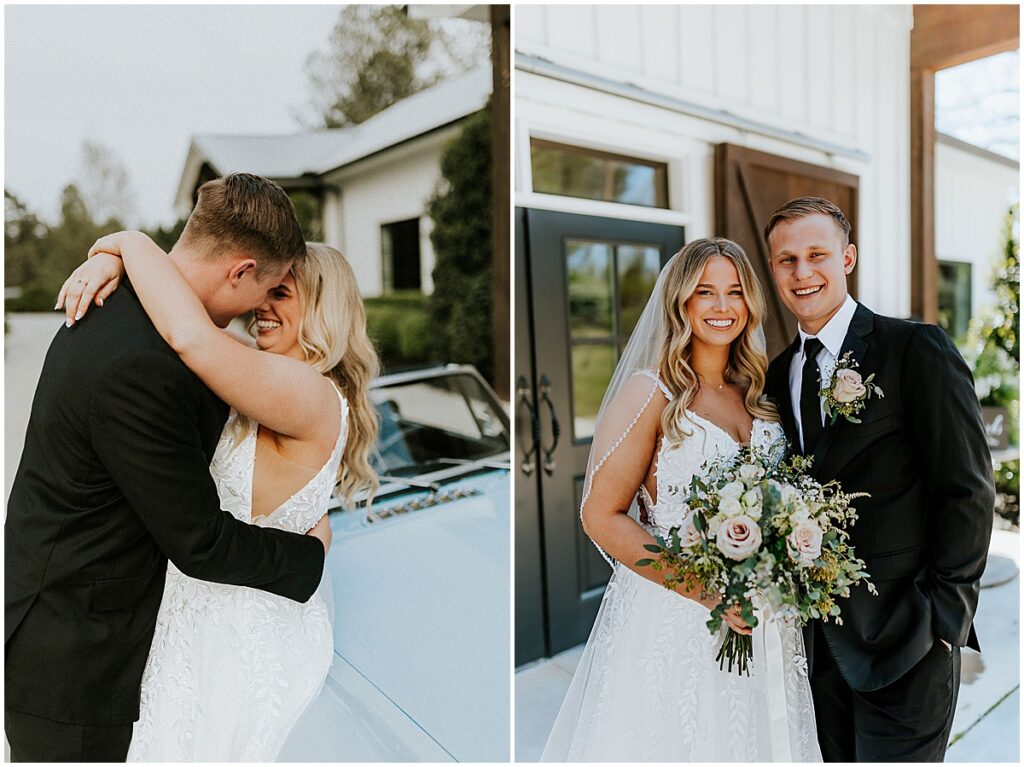 Bride and groom wedding portraits at olive, black and gold wedding