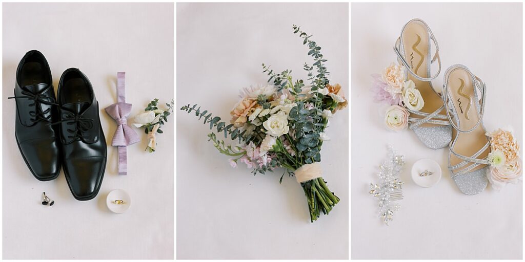 Wedding details including florals and shoes of bride and groom