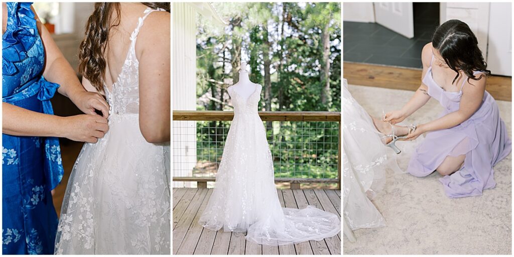 Bride getting her dress buttoned up and shoes put on