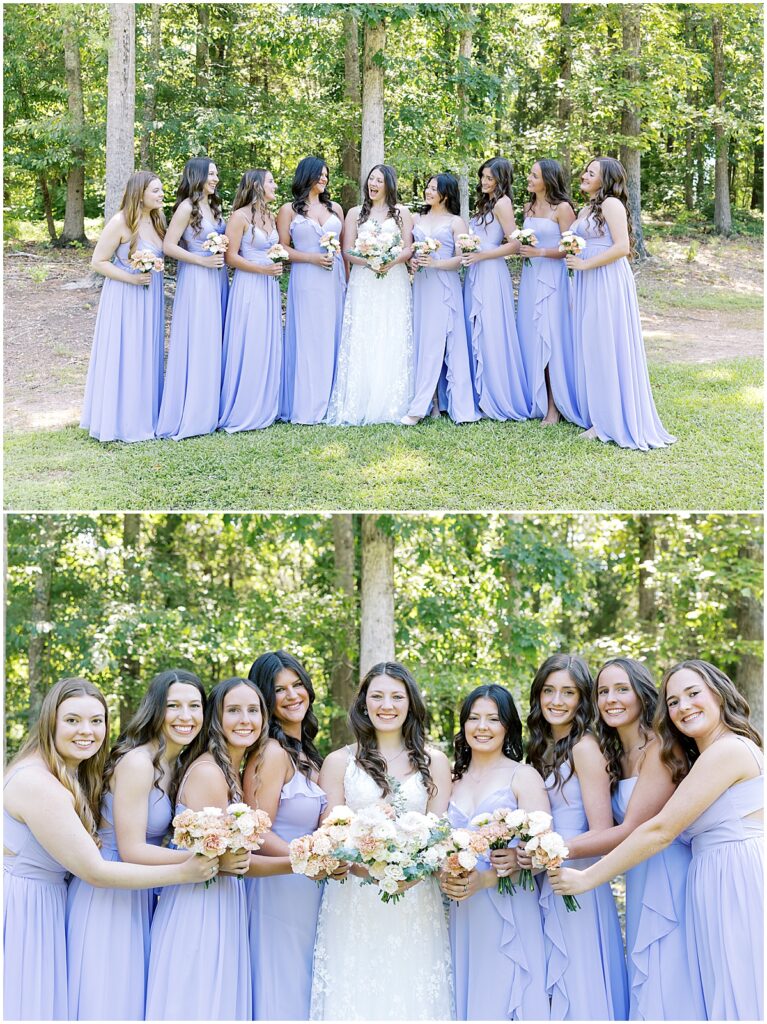 Bridesmaids with bride in lilac dresses for sunday wedding