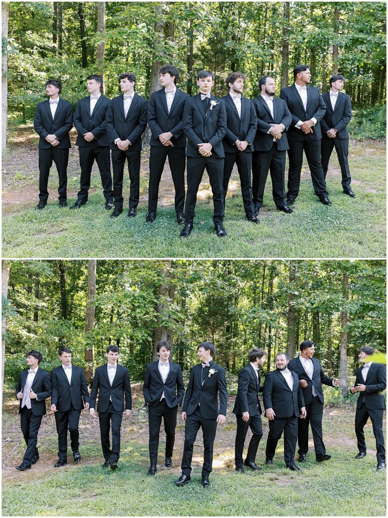 Groomsmen in black suits for a sunday wedding at Koury Farms