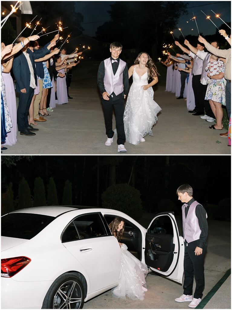 Bride and groom wedding exit and getaway car at Koury Farms wedding