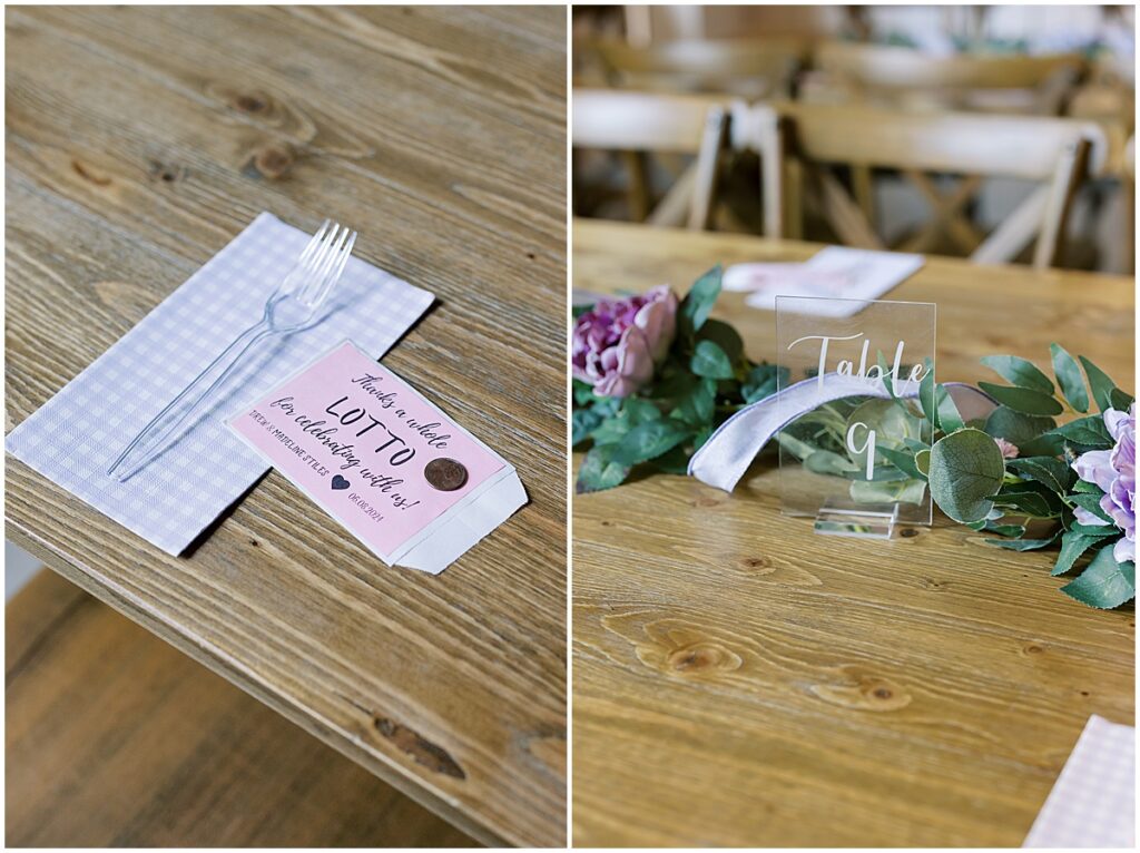 wedding table decor with a lottery ticket at each place setting