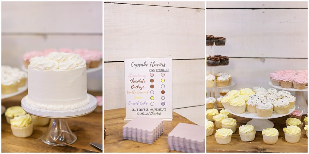 wedding dessert table including cakes and cupcakes