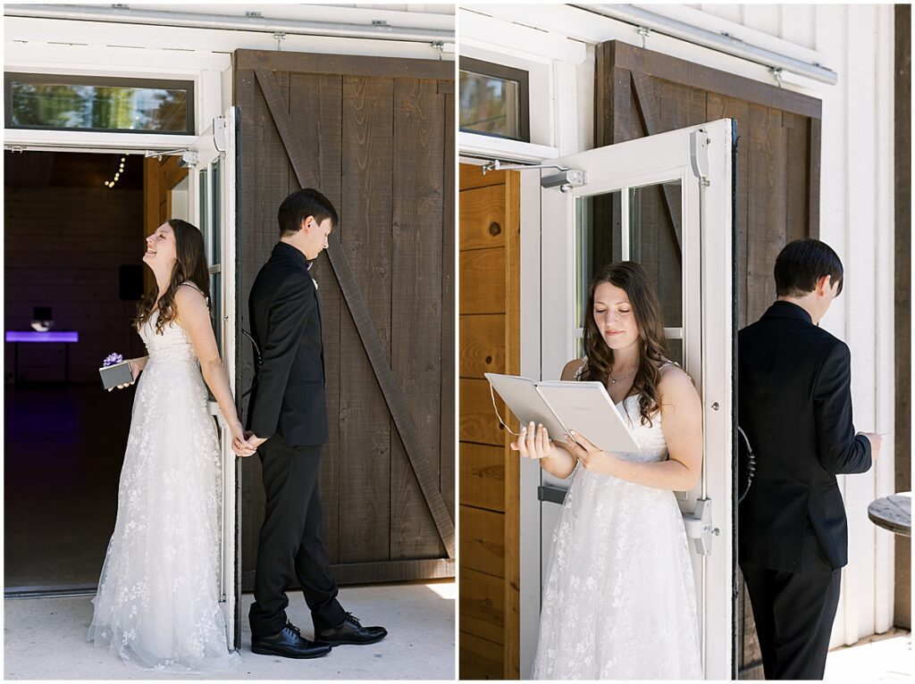 Bride and groom first touch, reading love notes to each other